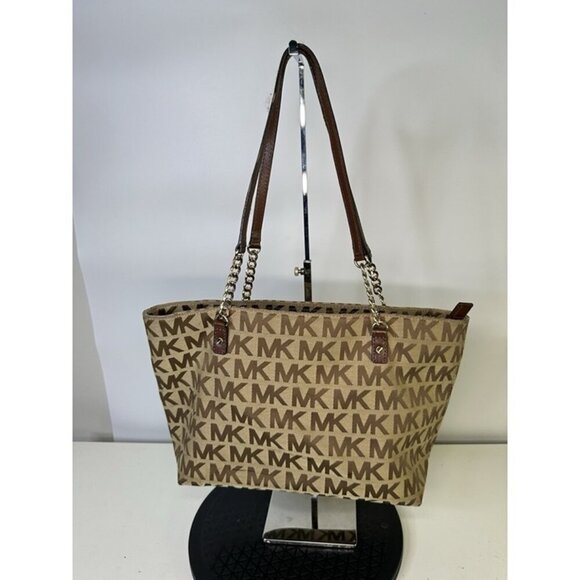 Michael Kors Monogram Logo Black Chain Tote Shoulder Bag Canvas Handbag/Purse - Picture 1 of 12